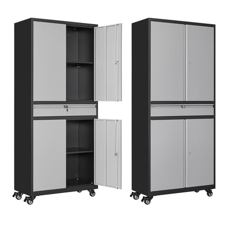 Anxxsu Metal Garage Storage Cabinet with Wheels, 73" Lockable Storage Cabinet with 2 Adjustable Shelves and 1 Drawer for Garage, Utility Room, Warehouse (Black Grey) Anxxsu
