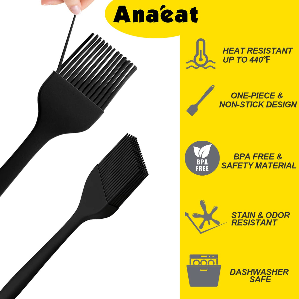 Anaeat 2 Pack Silicone Basting Pastry Brushes - Heat Resistant Brush with Soft Bristles, Hygienic One Piece Design, Marinade Brush Great in Baking for Spreading Oil Butter Sauce BBQ Grill (Black) Anaeat
