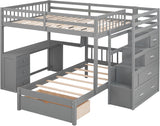 MERITLINE Full Over Twin L Shaped Bunk Bed with Stairs and Desk,Solid Wood L-Shaped Bunk Bed with Storage Drawers,Shelves,Ladder,Headboard and Guardrail,No Box Spring Needed (Grey) MERITLINE
