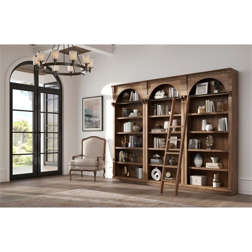 Martin Furniture Traditional 8' Tall Bookcase Wall with Ladder, Storage Organizer, Display Shelf Unit for Office, Living Room, Brown Martin Furniture