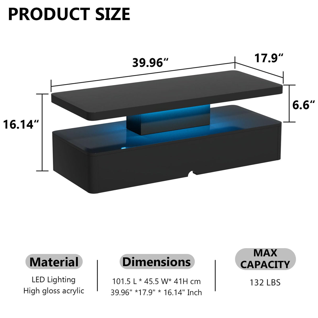 oneinmil Modern LED Coffee Table, 40" Living Room Tables with 16 Colors LED Lights, Double-Layer Design, Stylish Coffee Tables for Living Room, Black oneinmil
