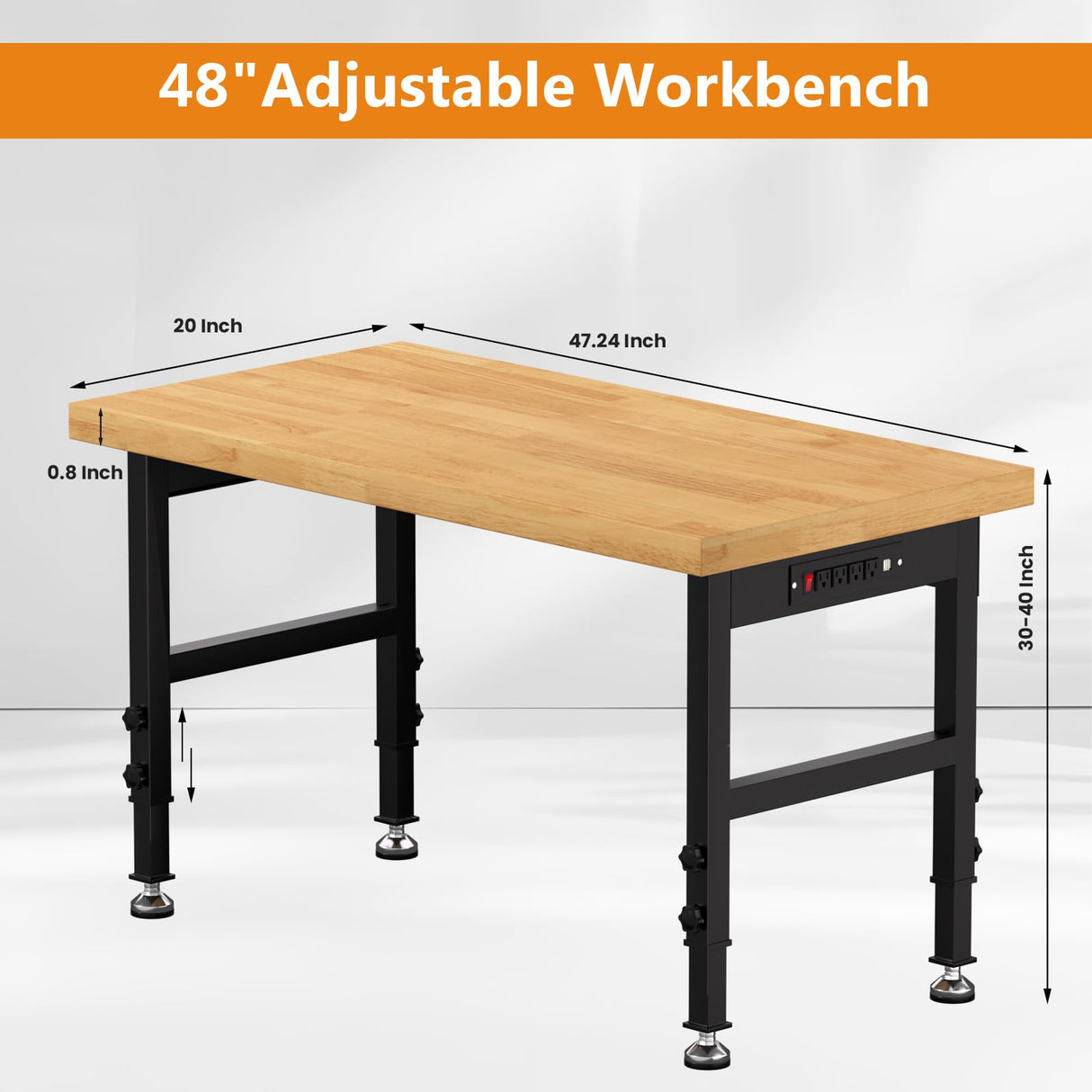 Pelnuies 48" Work Bench, Adjustable Height Workbench with Rubber Pad, Heavy-Duty Solid Wood Work Table with Power Outlets, 2000 LBS Capacity Workstation for Garage, Workshop, Office, Home Pelnuies