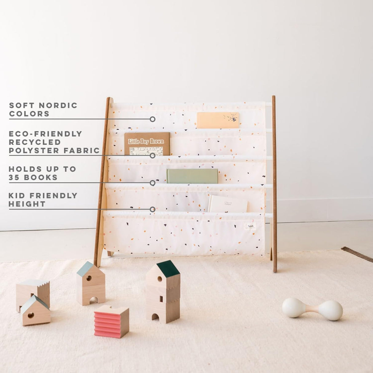 3 Sprouts Recycled Fabric Kids Bookshelf – 4-Tier Sling Book Rack Organizer - Nursery Room Playroom Classroom Wooden Book Shelves - Kid Bookcase Wood Storage Shelf for Toddler Age 3+ - Terrazzo Cream 3 Sprouts