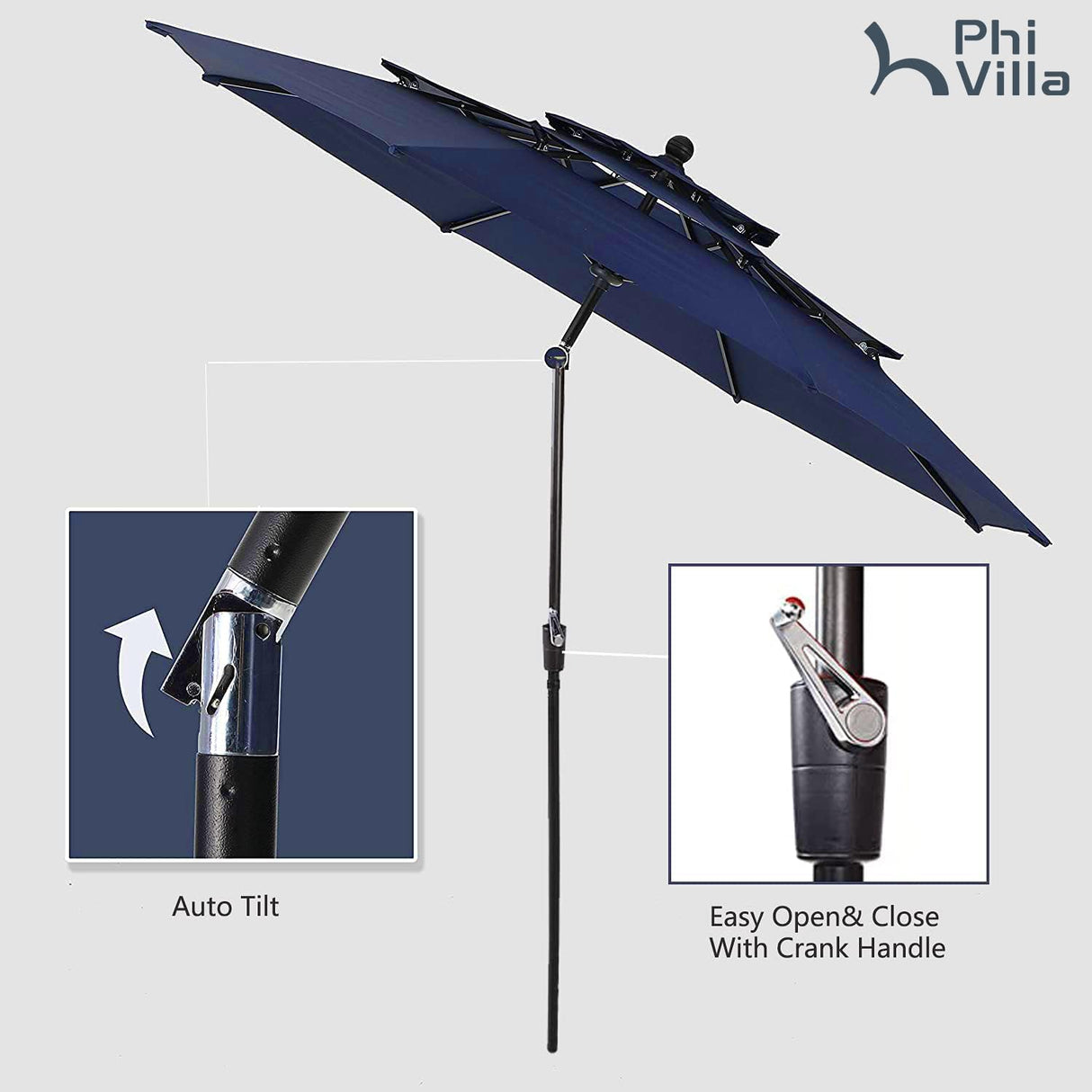 PHI VILLA 5 Piece Outdoor Dining Set with Umbrella, 37" Square Metal Dining Table & Cushioned Rattan Chairs with 10ft Blue Umbrella for Patio, Deck, Yard, Porch PHI VILLA