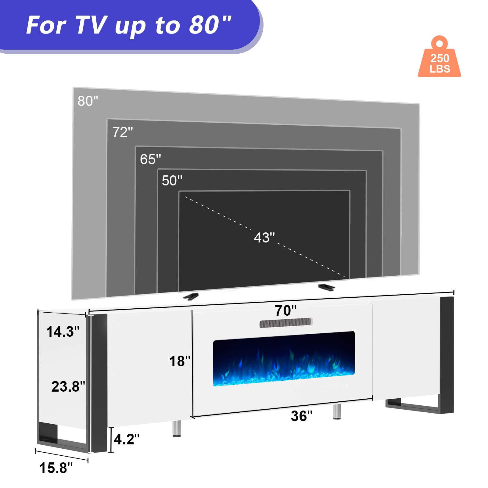 LUXOAK U-Shaped Legs 70" Fireplace TV Stand, Mirrored Finish Media Console with 36" Electric Fireplace, Modern LED Lights Storage Entertainment Center for TVs Up to 80", All White - WoodArtSupply