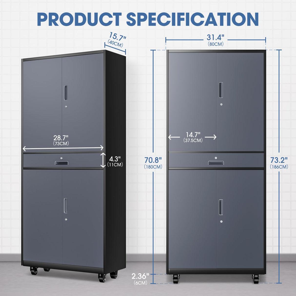 DNA MOTORING Metal Storage Cabinet, 73'' Rolling Garage Cabinet with 1 Drawer and Adjustable Shelves, Lockable Cabinet Heavy Duty Utility Cabinet for Garage,Office,Home,Gray Black, TOOLS-00630-GY-BK DNA MOTORING