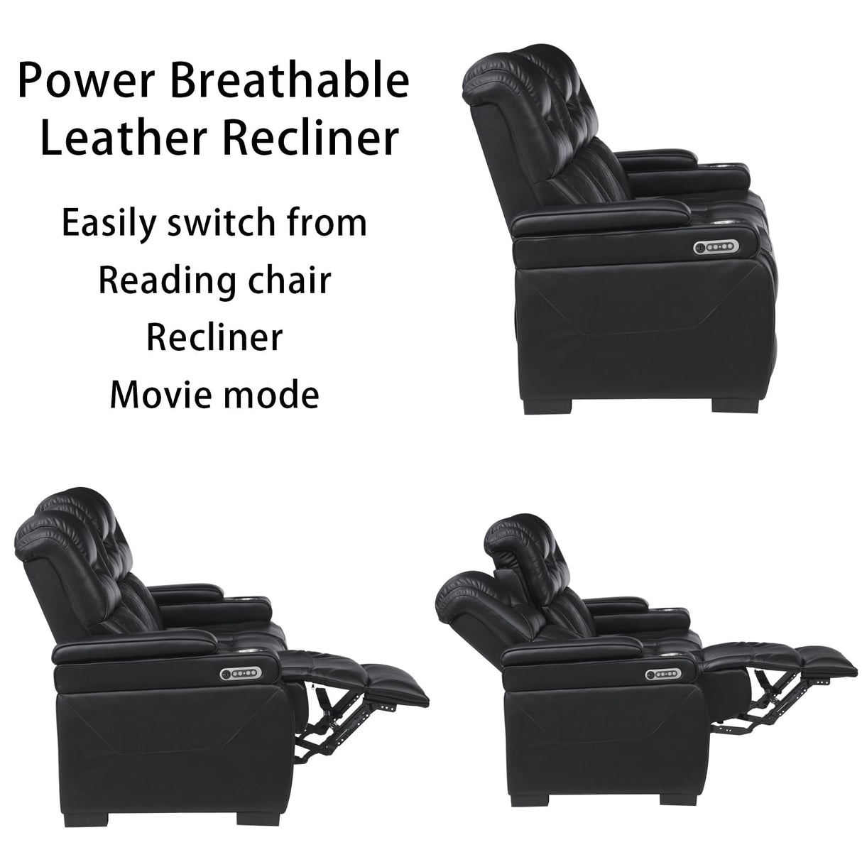 THSUPER Power Breathable Leather Reclining Sofa with LED Light, Home Theater Seating Recliner Couch with Adjustable Headrest/Reading Light/USB Port/Storage Arm/Drop Down Table for Living Room, Black THSUPER
