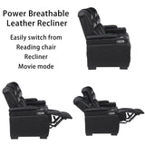 THSUPER Power Breathable Leather Reclining Sofa with LED Light, Home Theater Seating Recliner Couch with Adjustable Headrest/Reading Light/USB Port/Storage Arm/Drop Down Table for Living Room, Black THSUPER