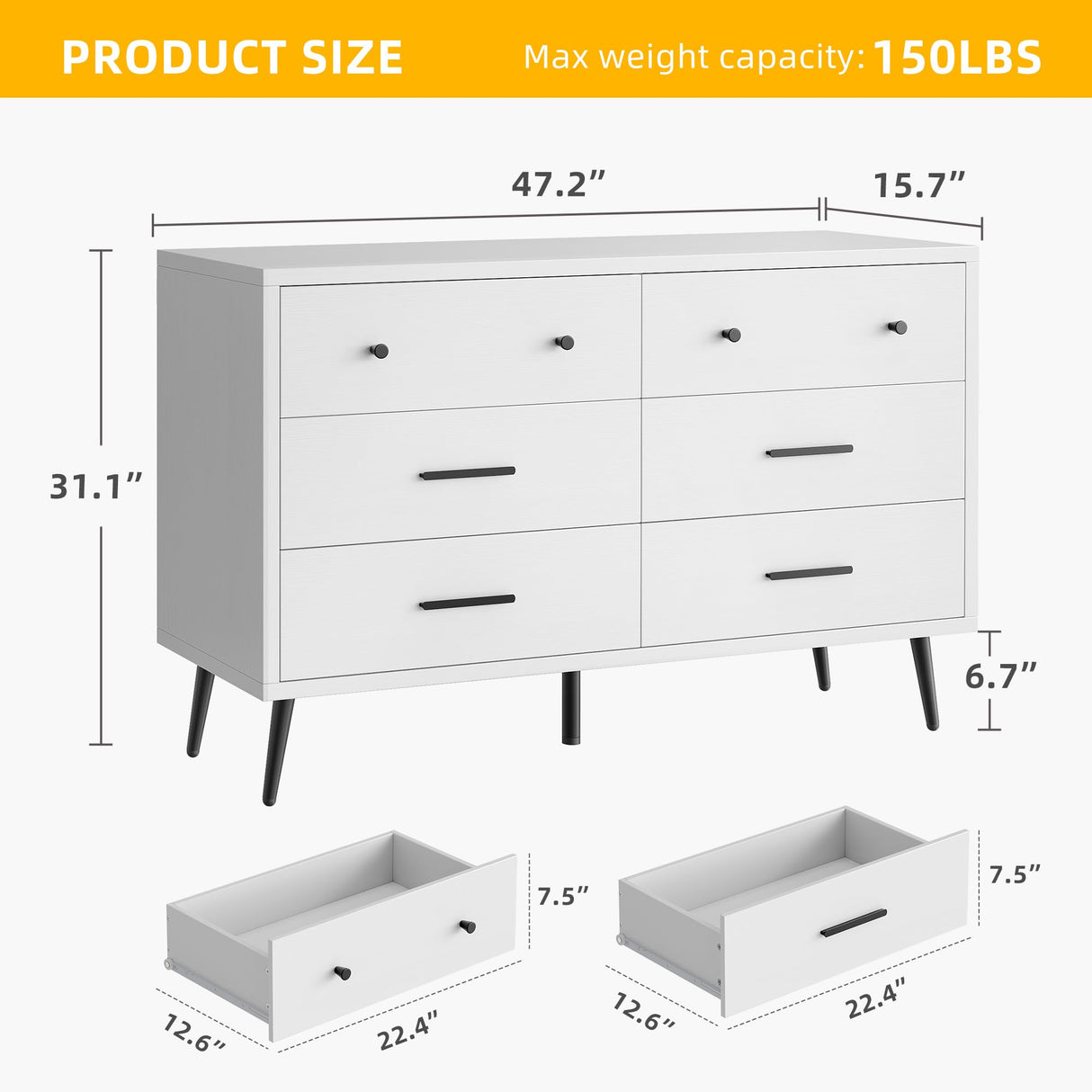 DWVO White 6 Drawers Dresser, Modern Wood Dresser Chest of Drawers with Black Metal Handle ＆ Anti-Tipping Device, Modern Double Dresser Storage Cabinet for Hallway, Entryway, Living Room DWVO