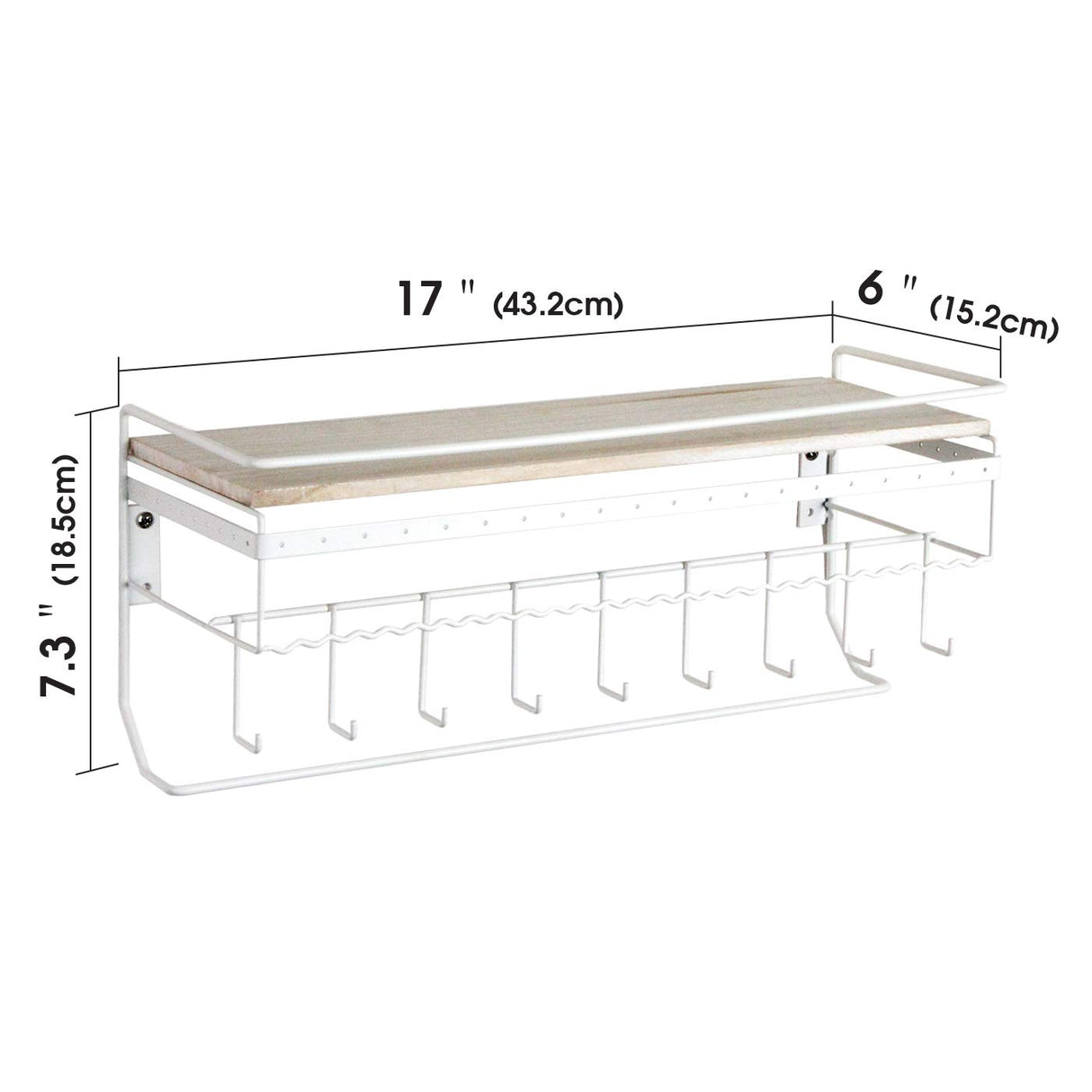 JackCubeDesign Hanging Jewelry Organizer with 9 Hooks, Wall Mount Necklace Earring Bracelet Sunglass Holder with Wood Shelf (White Metal) - MK237D J JACKCUBE DESIGN