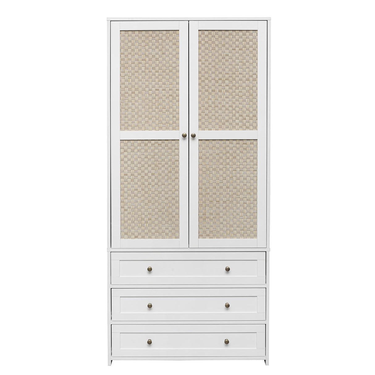 YHAOWORKS Armoire Wardrobe Closet with Drawers - Rattan Clothing Storage Cabinets with 2 Woven Doors, 71" Wood Wardrobe Cabinet with Hanging Rod for Bedroom (White) YHAOWORKS