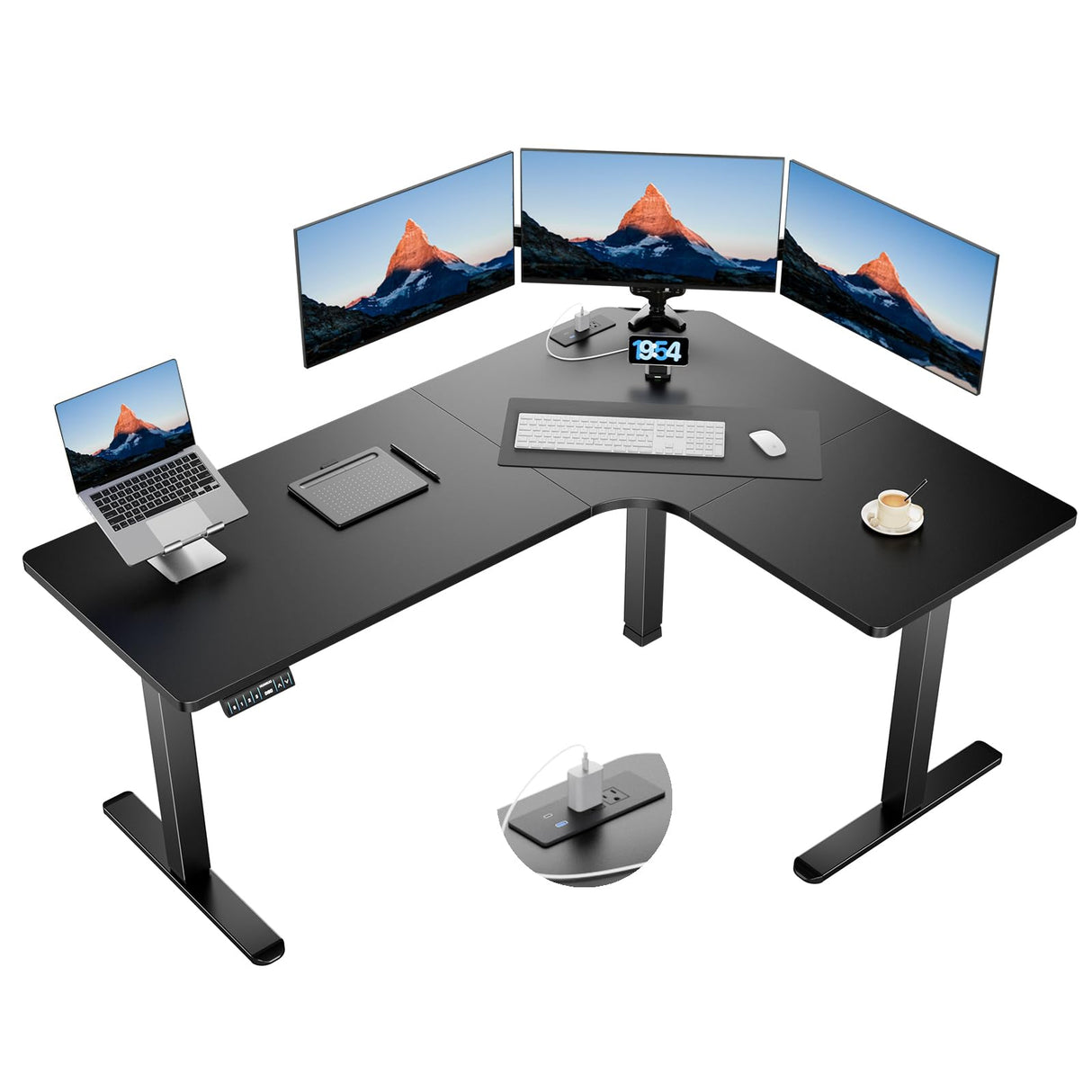 HUANUO 63″ Dual Motor L-Shaped Standing Desk, Built-in Power Outlets, Electric Height Adjustable Corner Computer Desk, Large Power Strip Holder, Sit Stand Up Desk with 3 Preset Heights, Black HUANUO