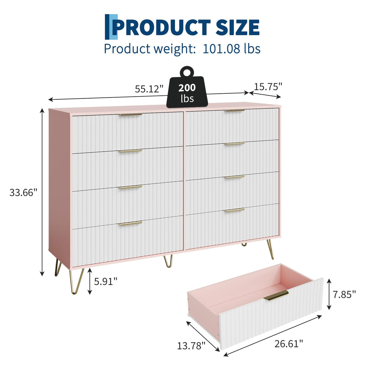 GarveeHome Fluted Dresser for Bedroom with 8 Drawers,55" Wide Modern Chest of Wooden Bedroom Chest with Metal Handle,Clothes Storage Organizer,Dresser & TV Stand for Living Room,PIink GarveeHome