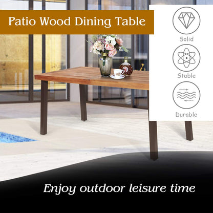 Tangkula Acacia Wood Outdoor Dining Table with Umbrella Hole, Modern Patio Table with Rustic Finished Steel Legs, Indoor & Outdoor Rectangular Table for Garden Park Poolside Porch