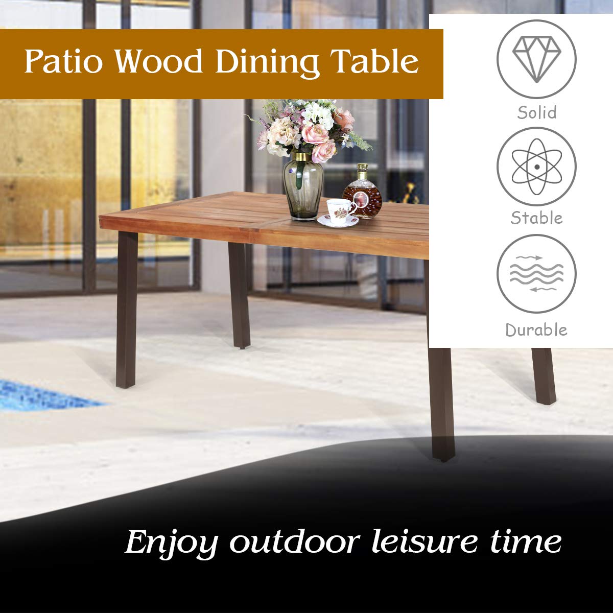Giantex Patio Dining Table with Umbrella Hole, Outdoor Picnic Table for Backyard, Garden, Lawn, Farmhouse, Acacia Wood Rectangular Table with Metal Legs, Rustic Brown