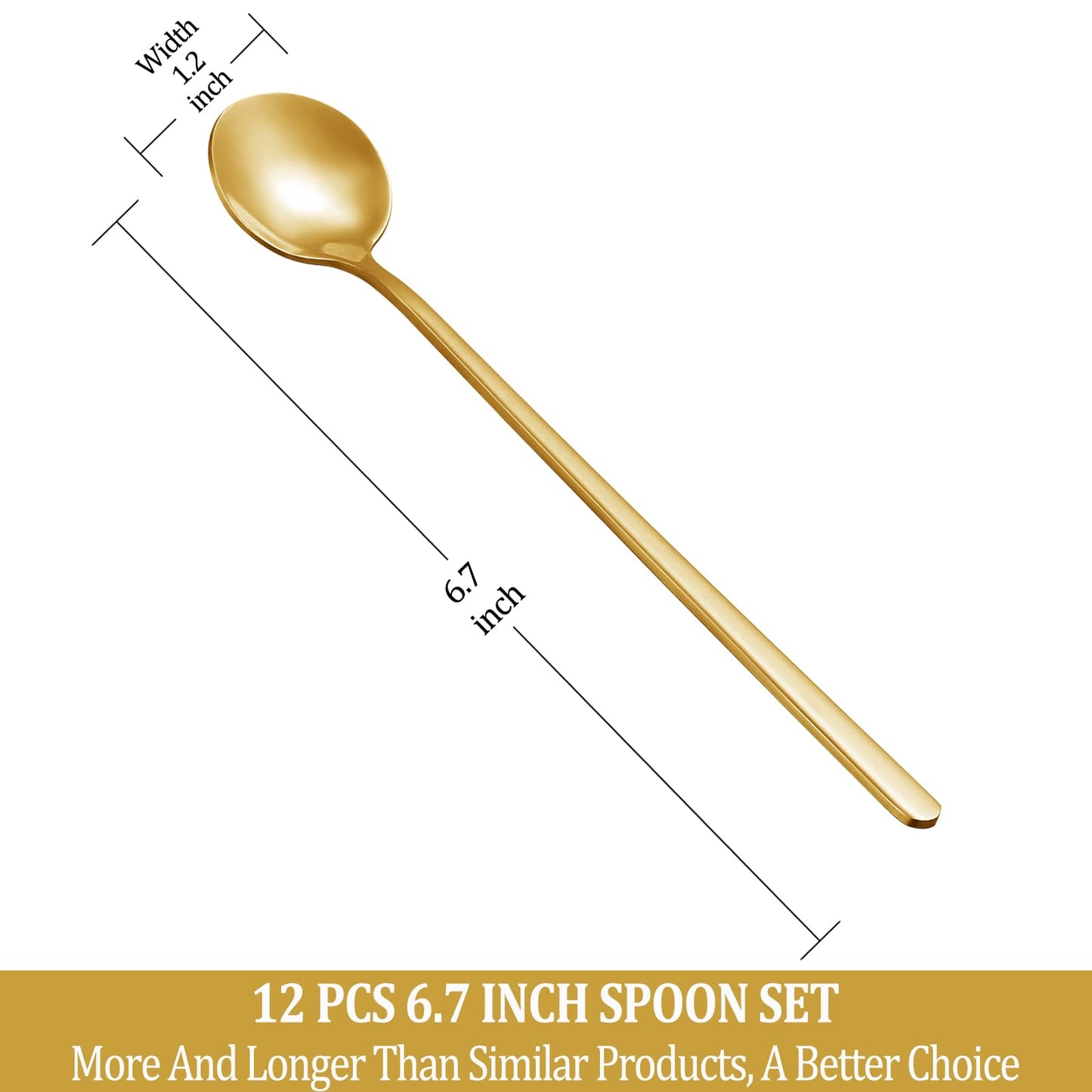 12 Pcs Coffee Spoons Set, 6.7" Gold Tea Spoons Long Handle, Stirring Spoons, Gold Small Teaspoons, Stainless Steel Gold Spoons, Long Spoons for Stirring, Gold Espresso Spoons, Coffee Bar Accessories