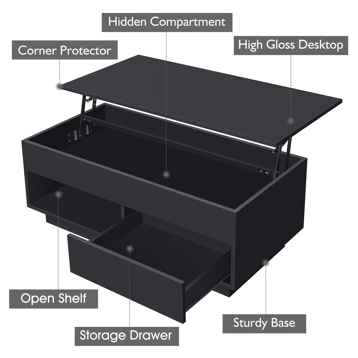 HOMMPA Lift Top Coffee Table with Storage LED Coffee Table Morden High Gloss Living Room 3 Tiers Modern Tea Table with Storage Center Tables Hidden Compartment & Open Shelve & Drawer Black HOMMPA