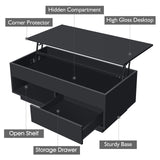 HOMMPA Lift Top Coffee Table with Storage LED Coffee Table Morden High Gloss Living Room 3 Tiers Modern Tea Table with Storage Center Tables Hidden Compartment & Open Shelve & Drawer Black HOMMPA