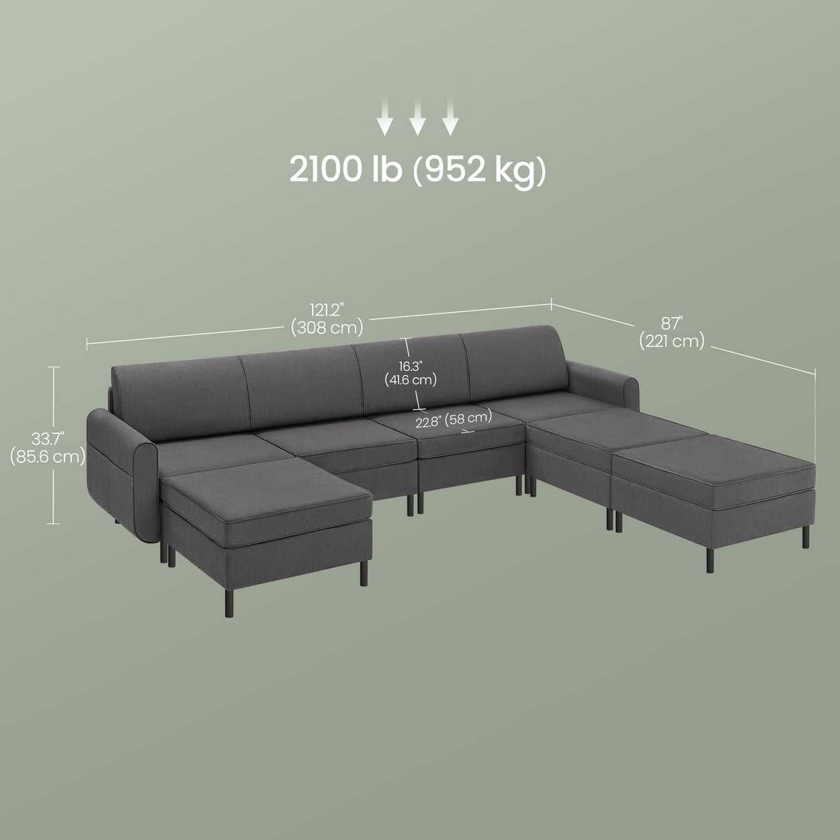 SONGMICS HOME Modular Sectional Sofa, Convertible 7-Seat U-Shaped Couch with Ottoman, Deep Seat, Sectional Couches for Living Room, Slate Gray ULCS065G01 SONGMICS HOME