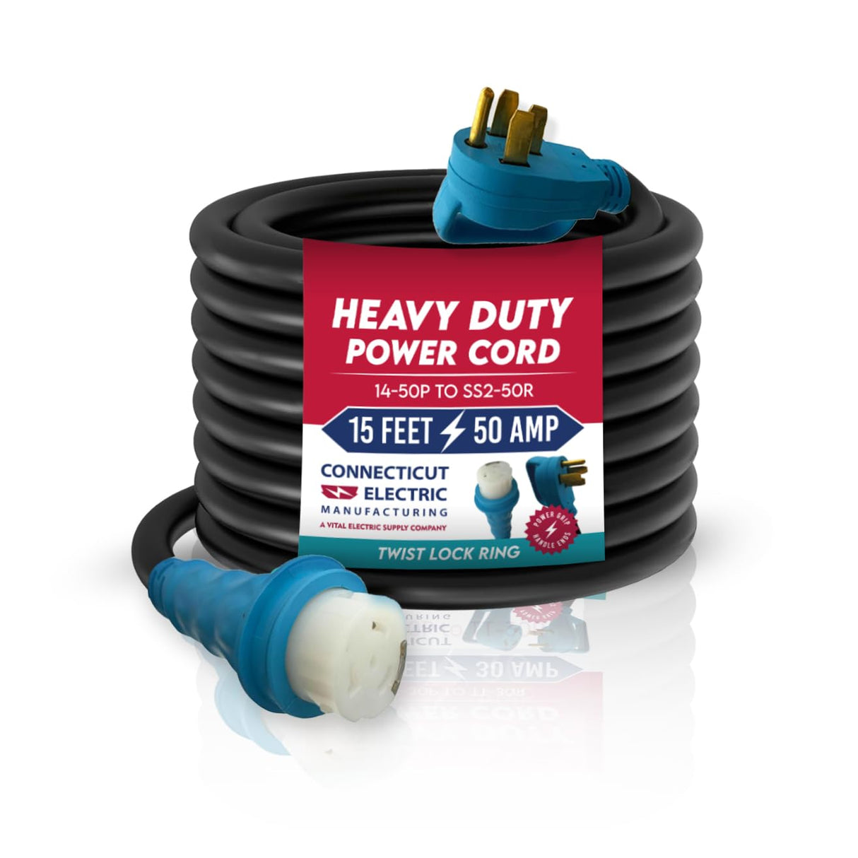 Connecticut Electric 15-Foot 50-Amp RV/EV Extension Cord w/Straight Twist Lock Ring/Power Grip Handle Ends Connecticut Electric