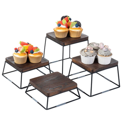 MyGift 6 Inch Square Burnt Brown Solid Wood and Matte Black Metal Wire Cupcake Dessert Risers, Tabletop Pizza Food Serving Stands for Home Retail Event, 4 Piece Set