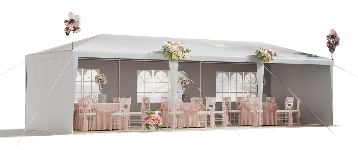 EROMMY 10x30 FT Party Tent, Outdoor Waterproof Wedding Canopy with 6 Sidewalls & 2 Zippered Doors for Birthday Parties, Holiday BBQ & Event Shelters，White EROMMY