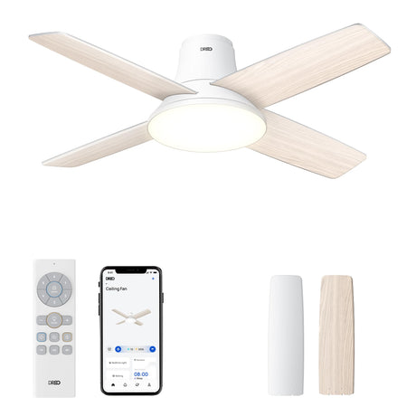 Dreo Ceiling Fans with Lights, 12 Speeds & 3 Fan Modes, Quiet DC Motor, Low Profile Easy to Install, Flush Mount Smart Ceiling Fan with Dimmable LED, 12H Timer for Bedroom, Remote, White, 44'' Dreo