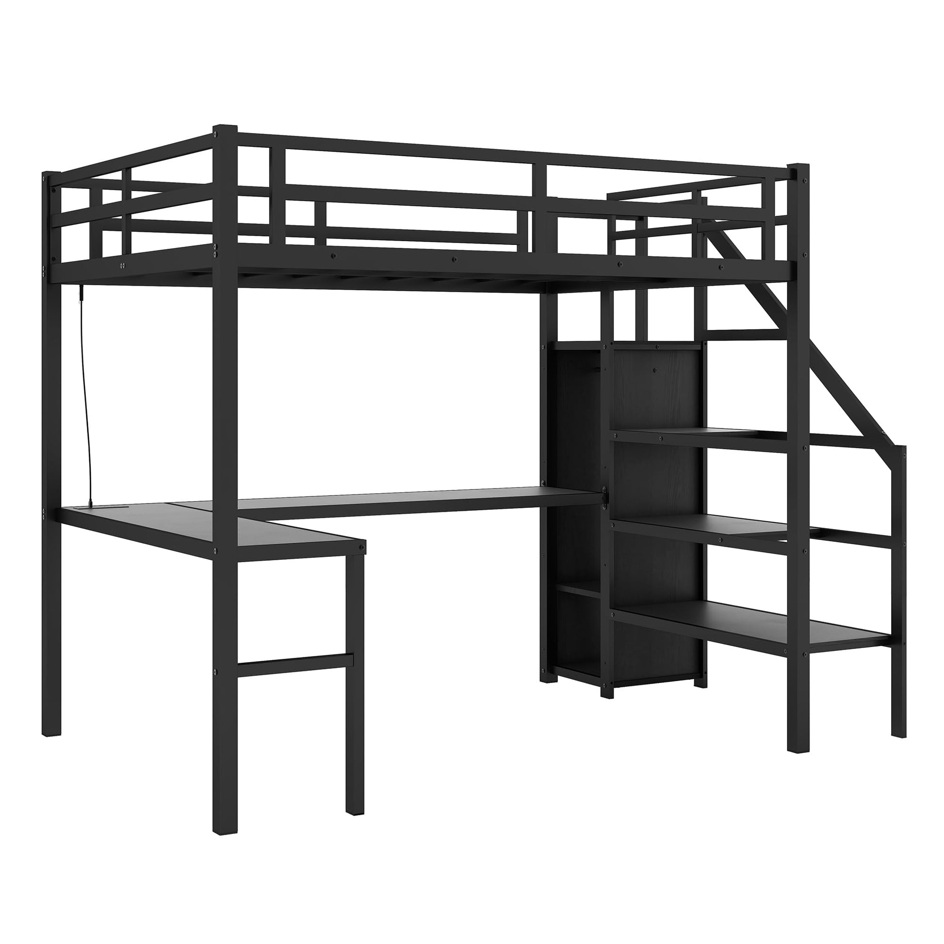 Linique Full-Size Gaming Loft Bed with Desk, LED Lights, and Wardrobe in Black - WoodArtSupply