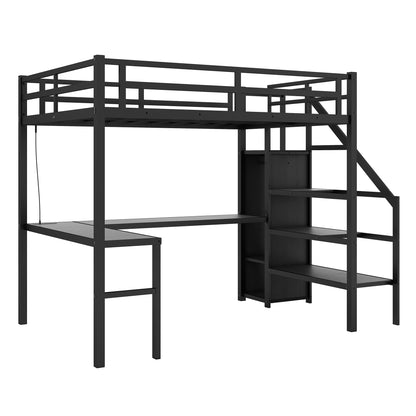 Linique Full-Size Gaming Loft Bed with Desk, LED Lights, and Wardrobe in Black - WoodArtSupply