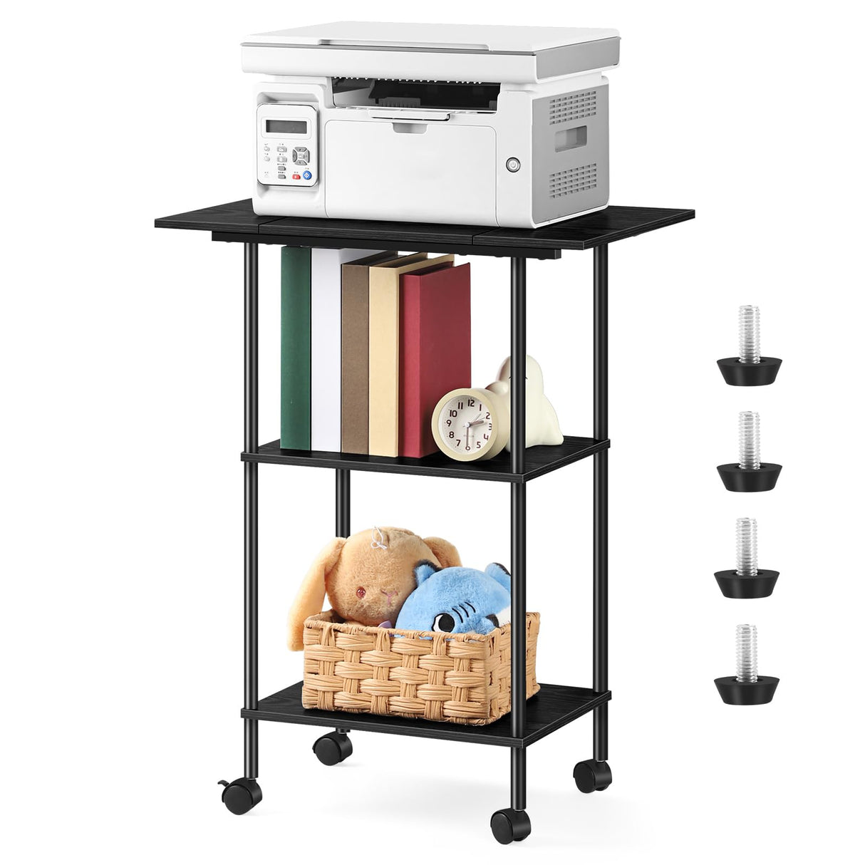 Luplom Black Printer Stand with Storage 3 Tier Rolling Printer Cart with Wheels Large Printer Table for Home Office, Modern Printer Desk Shelf Side Table for Filing Fax Machine Scanner Microwave Luplom