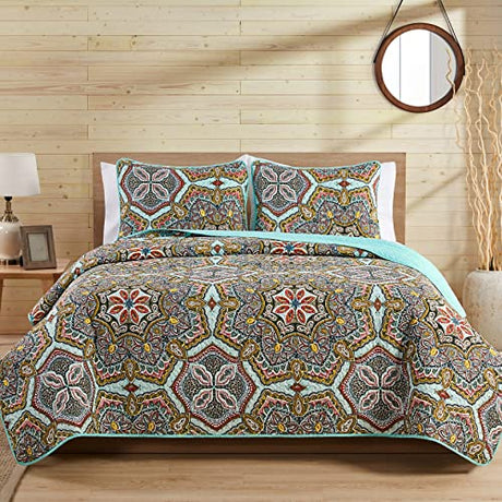 VCNY Home - King Quilt Set, 5-Piece Lightweight Reversible Medallion Quilt Set, Boho Room Décor (Yara Multicolor, King) VCNY Home