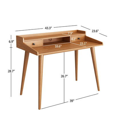 Ucerna Mid Century Modern Desk, 43" Wood Home Office Writing Computer or Laptop Desk with Monitor Stand Riser and Open Storage Cubby, Vanity Desk with 2 Drawers - WoodArtSupply