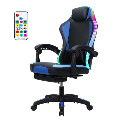 Ergonomic Gaming Chair, Massage Computer Gamer Chair with Bluetooth Speakers and RGB LED Lights Height Adjustable Game Chair with Footrest and Lumbar Support Racing Style Gaming Office Chair Blue