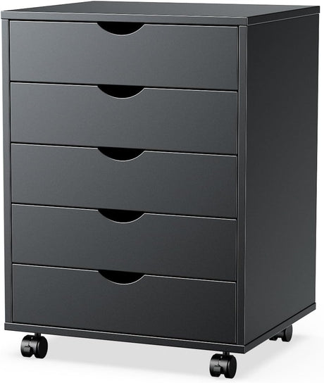 Sweetcrispy 5 Drawer Chest Mobile Storage Cabinets Small Wooden Dresser with Wheels Room Organization Furniture for Office Home, Dark Black Wood Sweetcrispy