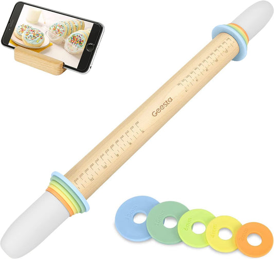 Geesta Adjustable Wood Rolling Pin with 5 Thickness Rings, Precise Dough Roller Handle Press Design with Measurement Guide for Baking Fondant, Pie Crust, Cookie, Pastry - Baking Essential