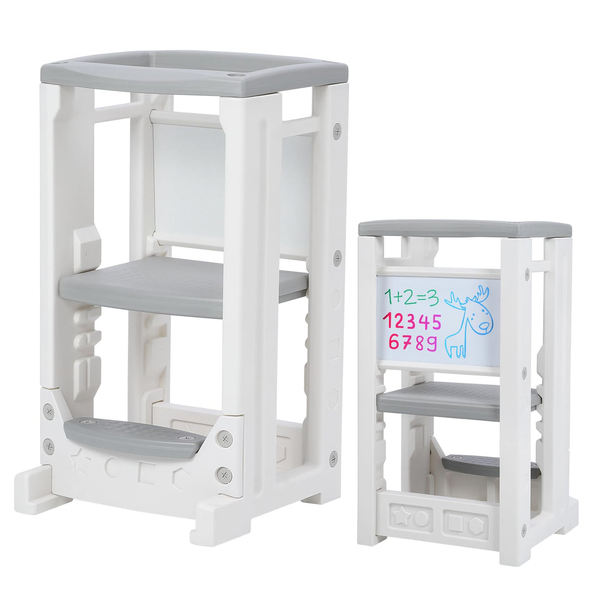 Toddler Tower Toddler Step Stool with Whiteboard & 4 Adjustable Heights, Toddler Kitchen Stool Helper with Safety Rail, Baby Standing Tower Montessori Learning Step Stools for Kids Boys Girls Children RONIPIC