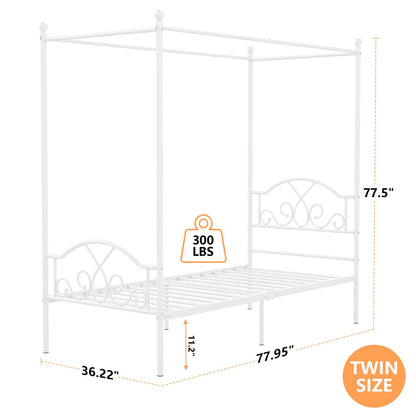 Weehom Twin Canopy Bed Frame with Headboard and Footboard Metal Four Posters Curtains Design Mattress Foundation Bed Platform Underbed Storage Space No Box Spring Needed for Kids Adults White