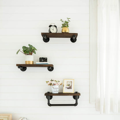 Mkono Floating Shelves with Industrial Pipe Brackets and Towel Bar, Set of 3 Rustic Bathroom Shelf Wall Mounted Shelves Wood Storage Shelving Home Decor for Bedroom Kitchen Living Room