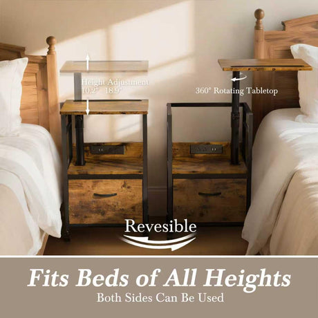 Swivel Lift Top Nightstand with Charging Station, 2-Tier 360° Adjustable Bedside Table, Rolling Night Stand with Wheels, Small End Table with Fabric Drawer, for Bedroom, Living Room, Rustic Brown Faesun