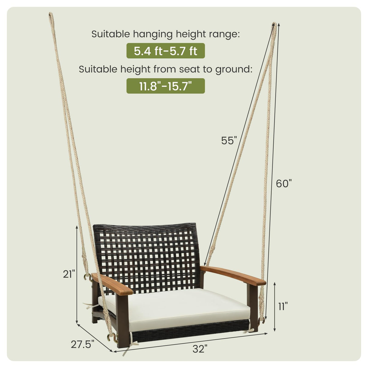 Tangkula 1-Person Rattan Porch Swing with Cushion, Outdoor Single Swing Chair Bench with Acacia Wood Armrests and Hanging Hemp Ropes, Bench Swing for Porch, Yard, Balcony, Tree (Off White) Tangkula