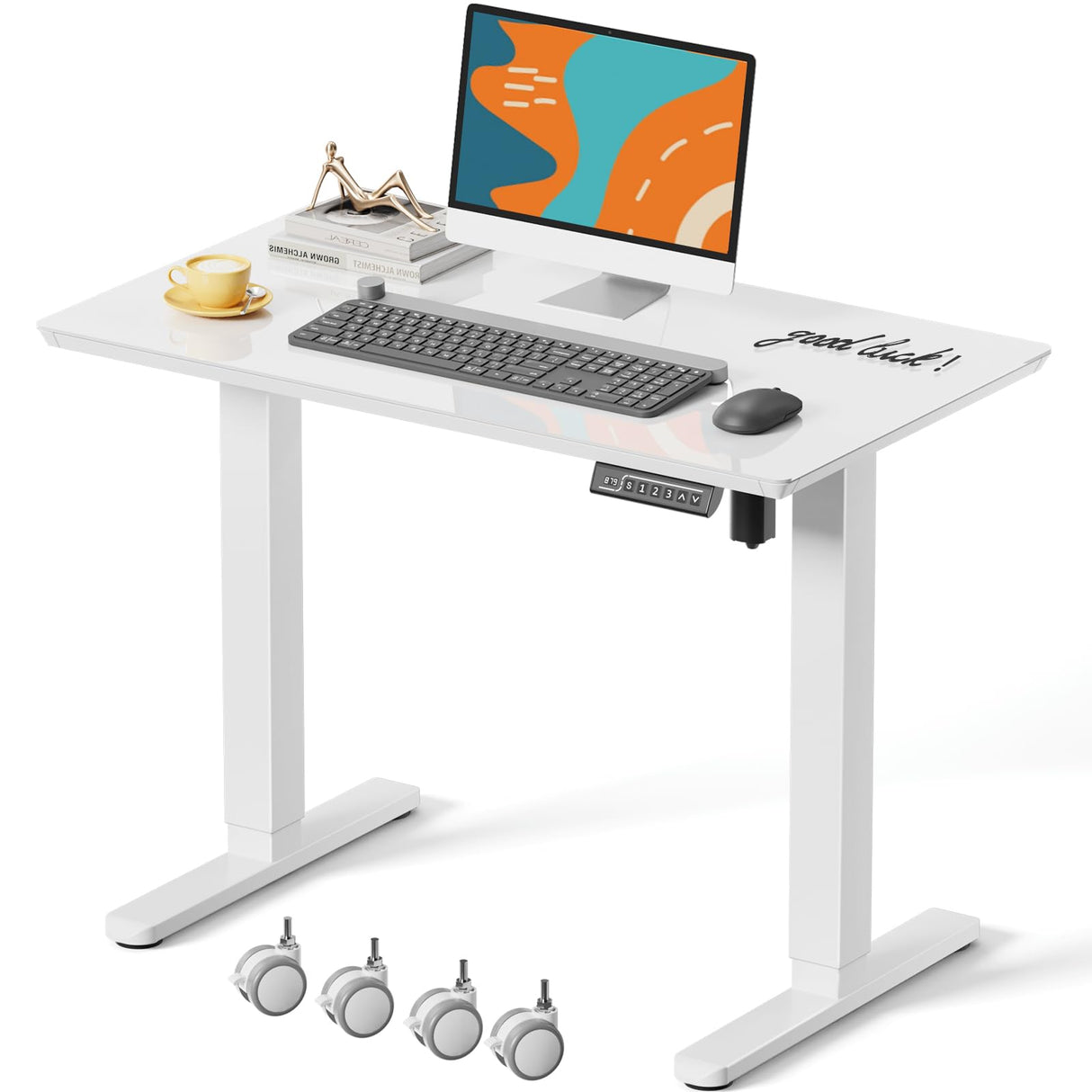 JOY worker Small Glass Standing Desk, 35" x 20" Electric Whole Piece Height Adjustable Desk with 4 Lockable Casters, Mobile White Sit to Stand Desk Workstation for Home Office JOY worker