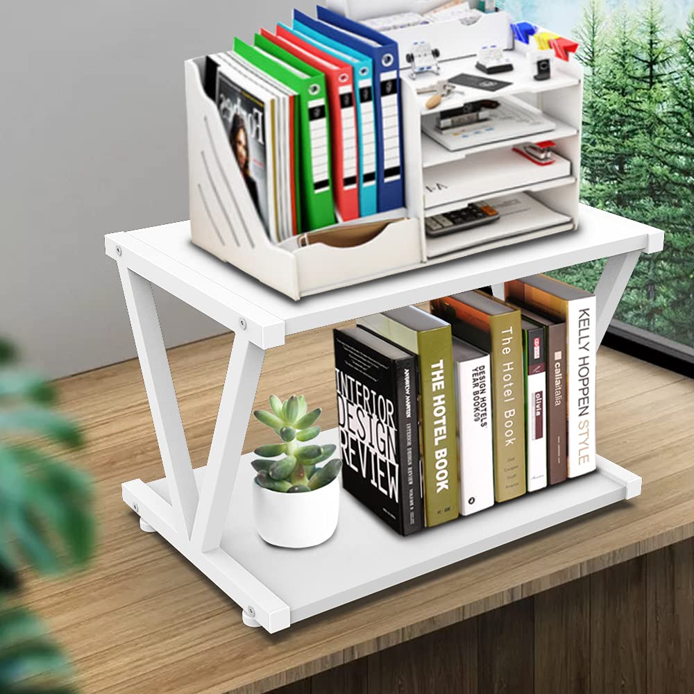 VEDECASA Retro Desktop Printer Stand 2 Double Tiers Wood Printer Shelf Modern White Wood Storage Book Shelf Organizor for Home Office Stylish Sturdy V Shaped (White) - WoodArtSupply