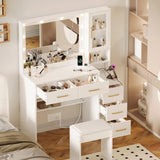 35.4" Makeup Vanity Desk with Charging Station, White Makeup Dressing Table with Mirror & Lights, 3 Lighting Modes Adjustable Brightness, Vanity Table with Power Outlet &5 Drawers Gold Handle lertrugs