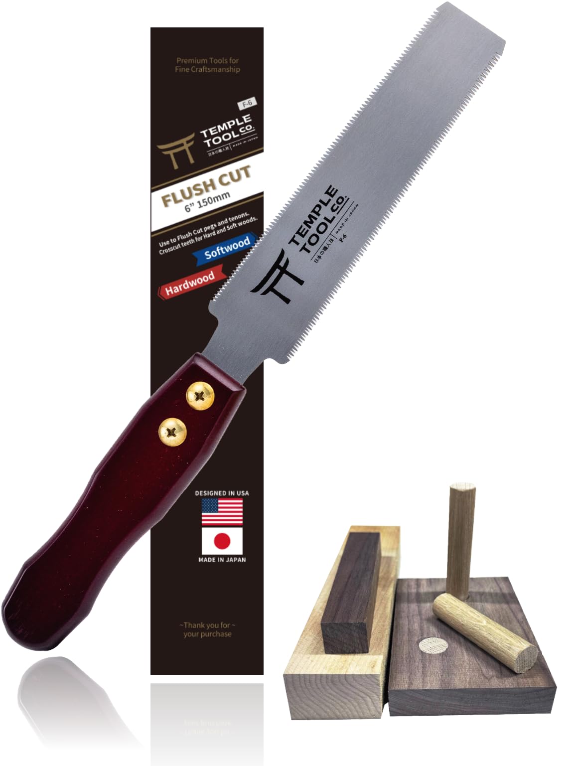 Japanese Flush Cut Saw - 6 Inch Double Edge Pull Saw for Flush Cutting Dowels, Pegs, Wedges - Hardwood Softwood Hand Saw - Small Wood Saw - Temple Tool Co. Temple Tool