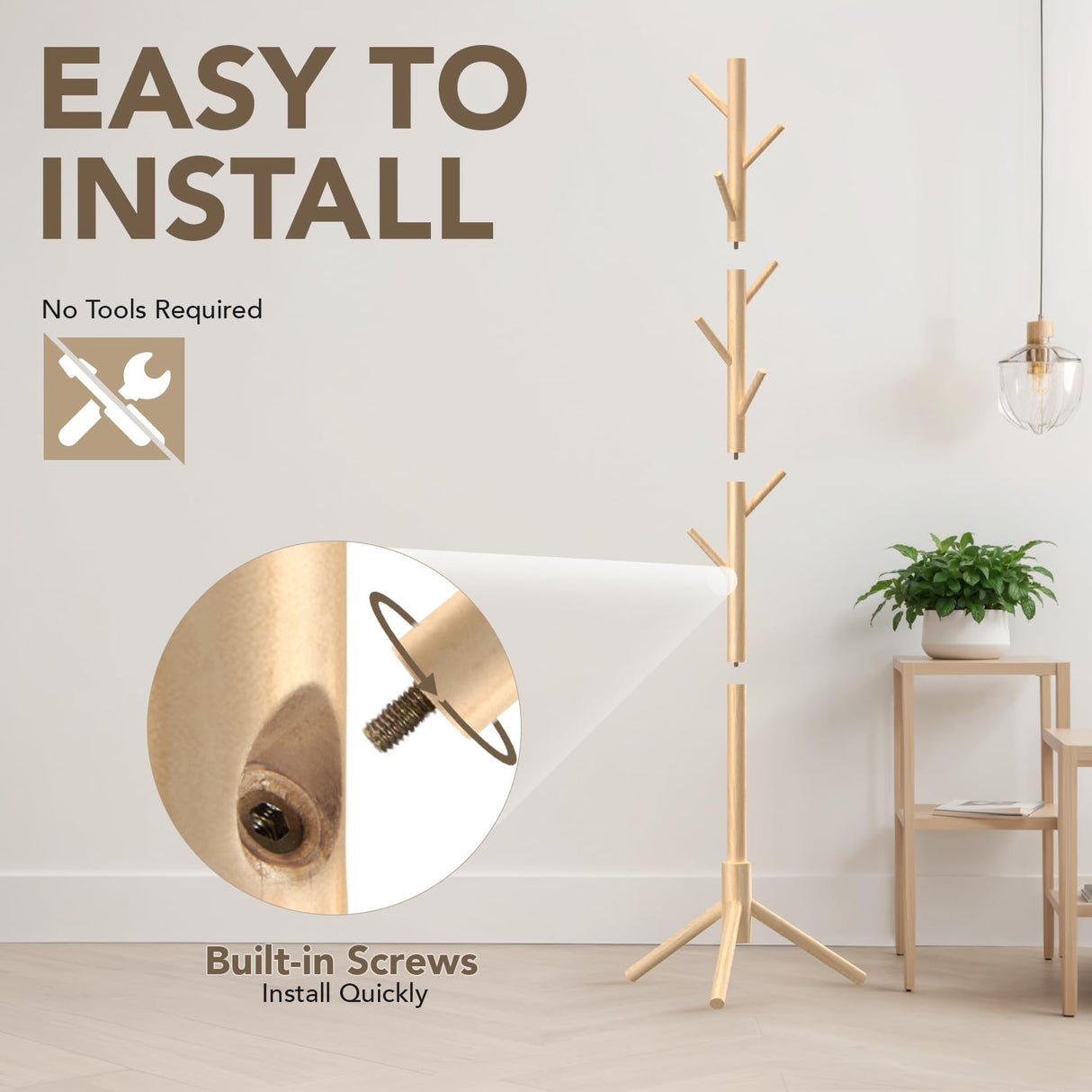 Hupmad Wooden Tree Coat Rack Stand,Sturdy Freestanding Coat Rack with 8 Hooks,3 Adjustable Height for Child Adult,Wood Coat Stand Tree Fits Entryway Bedroom Office for Bags,Hats Hupmad