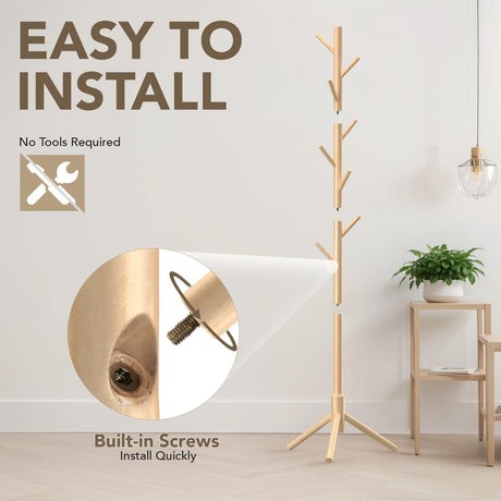 Hupmad Wooden Tree Coat Rack Stand,Sturdy Freestanding Coat Rack with 8 Hooks,3 Adjustable Height for Child Adult,Wood Coat Stand Tree Fits Entryway Bedroom Office for Bags,Hats Hupmad