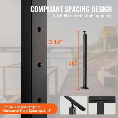 VEVOR 4-Pack Cable Railing Post, 36" x 1" x 2" Steel Horizontal Hole Deck Railing Post, 11 Pre-Drilled Holes, SUS304 Stainless Steel Cable Rail Post with Horizontal and Curved 4JZLGZHS9142C2KYMV0 VEVOR