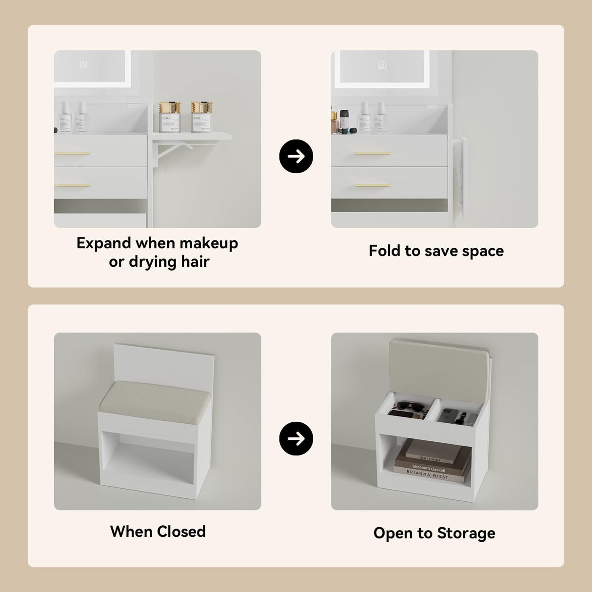 ARTETHYS Small Vanity Desk Set with Flip-top Mirror and Lights White Integrated Makeup Table for Small Space Compact Mini Dressing Table with Fold-up Panel and Storage Chair for Bedroom ARTETHYS