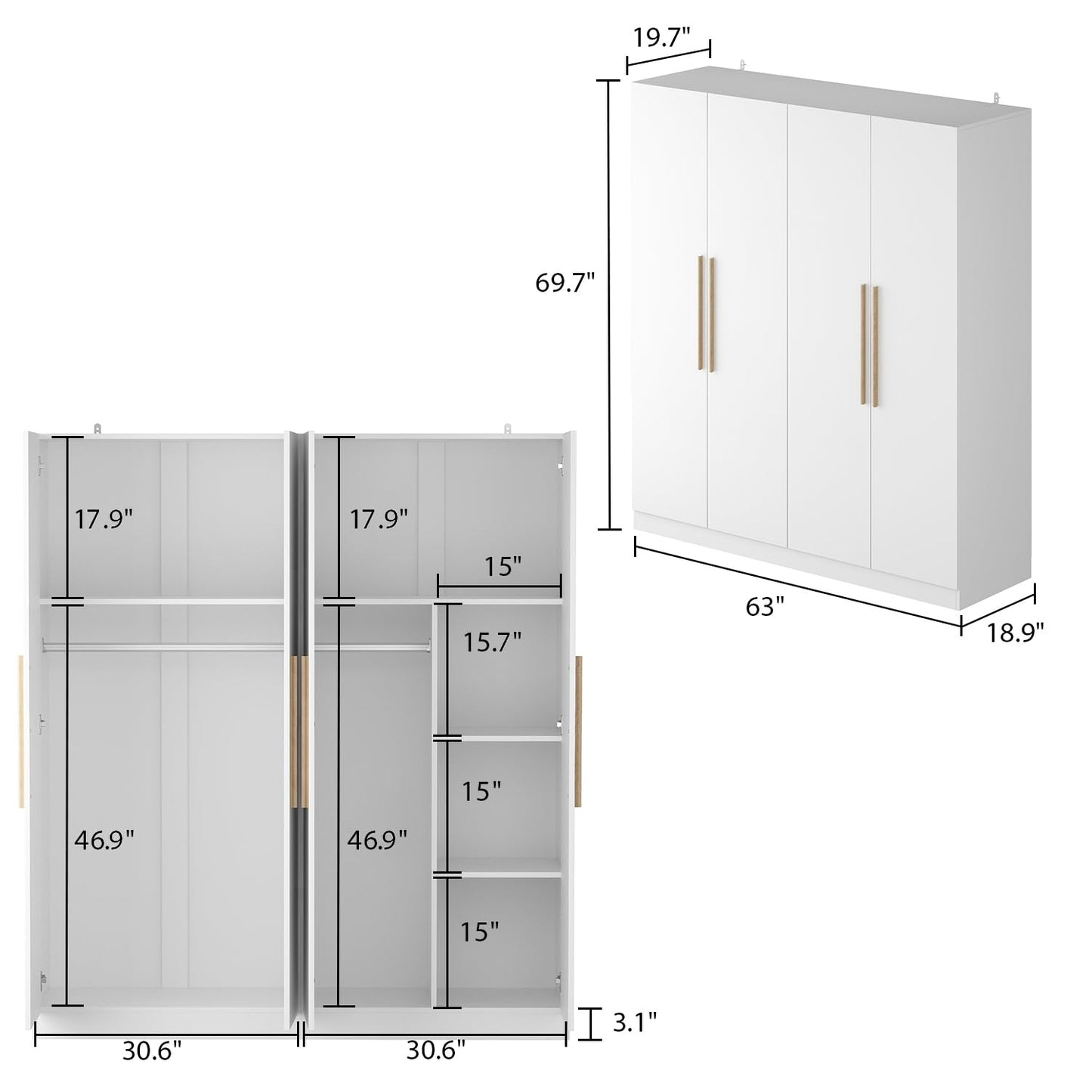 AIEGLE Wardrobe Armoire Closet with 4 Door, Large Freestanding Armoire Wardrobe Cabinet with Shelves & 3 Hanging Rods, Bedroom Wood Clothes Storage Cabinet Organizer, White 63" W - WoodArtSupply