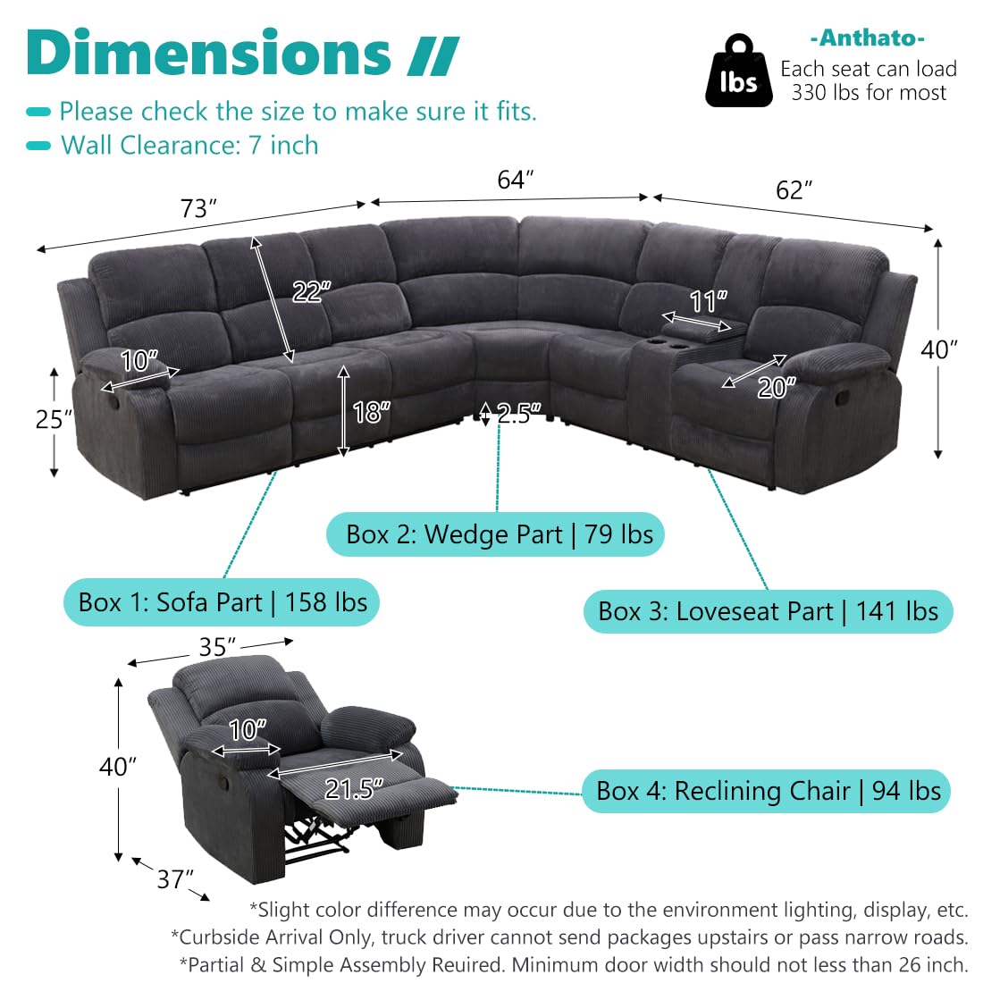 Anthato Manual Reclining Sectional Sofa Set, Living Room Furniture Sets, L-Shaped Sectional Couch & Chair, Comfy 7-Seat Corduroy Fabric Recliner Couch with Coffee Table/Cup Holders for Office, Grey Anthato